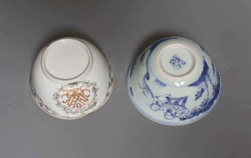 Two 18th century Chinese export bowls, a similar tea bowl and another Chinese blue and white tea bowl, largest 20cm diameter